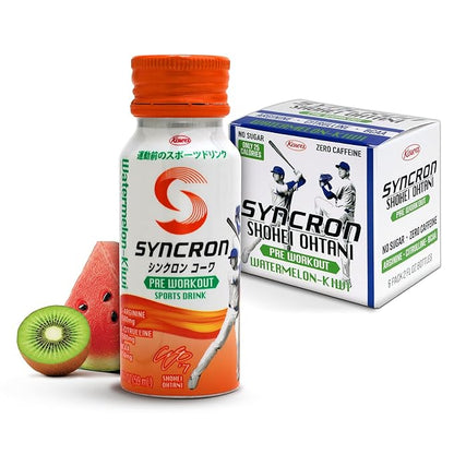 Syncron Pre Workout Sports Drink Endorsed by Shohei Ohtani, Aluminum Bottled, Sugar Free with L Arginine, L Citrulline & BCAAs, Pre Workout Energy Shot, Watermelon Kiwi, 6 Pack, 2 oz