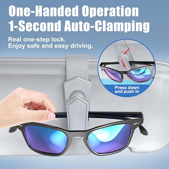 Veharvim Sunglass Holder for Car (One-Handed-Operation, Gentle & Secure Hold, Silicone Padded, Universal Fit, Metal Clip) Visor Sunglass Holder Clip,Visor Sunglass Holder Car (Grey1, 2 Pack)