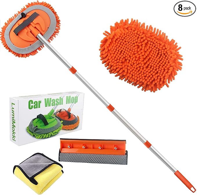 LumiMokki 62 " Car Wash Mop Kit - Car Cleaning Mop with Long Handle Stainless Steel Pole for RVs, SUVs, Trucks and Buses (Orange)