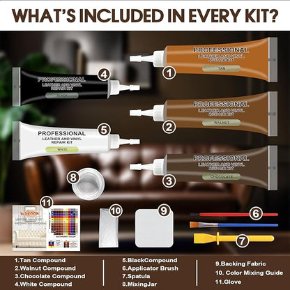 Brown Leather & Vinyl Repair Kit for Furniture, Car Seats, Couch, Purse - Fix Scratches, Tears, Fading on Genuine, Faux, Artificial Leather - Super Easy Instructions with Color Mixing Guide