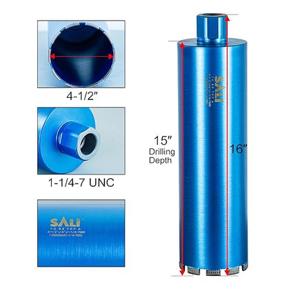 SALI Wet Diamond Core Drill Bits 4-1/2"/116mm Diameter, 15"/380mm Drilling Depth Concrete Core Drill Bit, 1-1/4-7" Thread Core Bit Turbo Laser-Welded Segments with Rebar, Brick, Block, Masonry, Stone