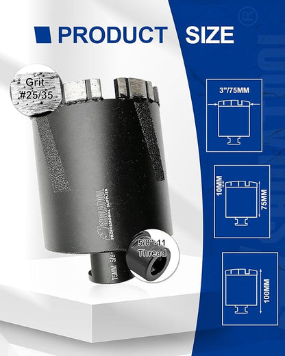 SHDIATOOL Diamond Core Drill Bits 3 Inch for Hard Stone Concrete Marble Granite Brick Laser Welded Dry or Wet Hole Saws 75mm