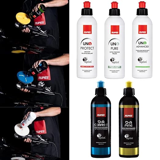 RUPES 5 Pack of High Performance Orbital Polishing Compounds - Includes 250 Milliliter Bottles of D-A Coarse, D-A Fine, UNO Protect, UNO Pure and Uno Advanced