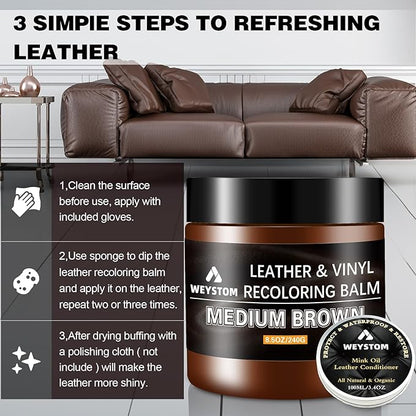 8.5 OZ Leather Recoloring Balm with 100ML Leather Conditioner - Medium Brown Leather Repair Kit for Furniture, Leather Dye, Recolor, Renew, Repair & Restore Aged, Faded, Cracked, Peeling and Scuffed