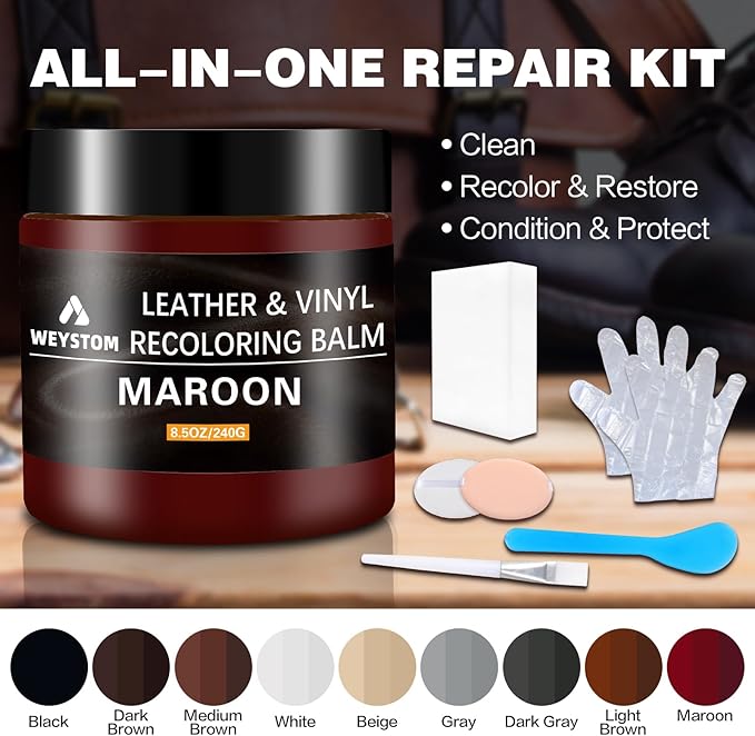 WEYSTOM Leather Recoloring Balm - Maroon Leather Repair Kit for Furniture, Dye, Recolor, Renew, Repair & Restore Aged, Faded, Cracked, Peeling and Scuffed, Car Care