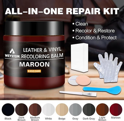 WEYSTOM Leather Recoloring Balm - Maroon Leather Repair Kit for Furniture, Dye, Recolor, Renew, Repair & Restore Aged, Faded, Cracked, Peeling and Scuffed, Car Care