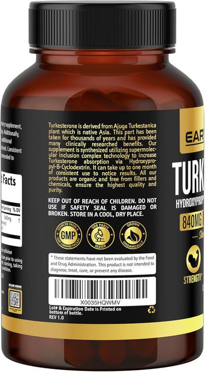 Turkesterone 840 mg – Natural Testosterone Support - 100% Pure Turkesterone Supplement for Men & Women - Ajuga Turkestanica Extract - Made in USA & 3rd Party Tested for Strength, Energy & Vitality