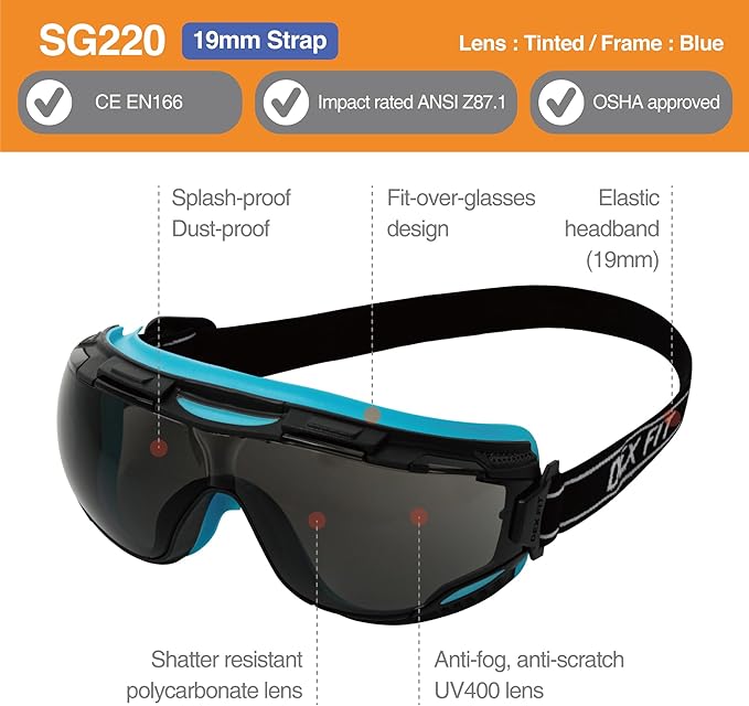 DEX FIT Protective Safety Goggles SG220; Anti Fog & Scratch, Z87 Eye Protection for Work, Adjustable for Women and Men, (Black & Blue Frame, Tinted Lens, 19cm Strap)