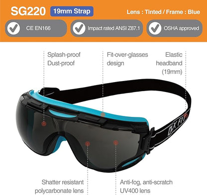 DEX FIT Protective Safety Goggles SG220; Anti Fog & Scratch, Z87 Eye Protection for Work, Adjustable for Women and Men, (Black & Blue Frame, Tinted Lens, 19cm Strap)