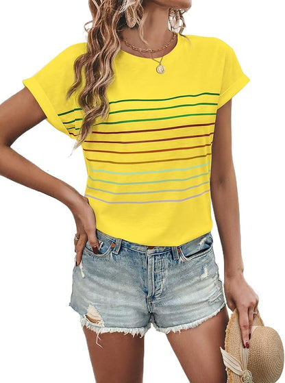 Womens Summer Tops Short Dolman Sleeve Crew Neck Striped Shirts Spring 2026 Fashion Beach Vacation Clothing