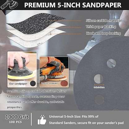 100PCS 5 Inch Hook and Loop Sanding Discs 1000 Grit, 8 Hole Wet Dry Orbital Sander Sand Paper, Silicon Carbide Sandpaper for Automotive Wood Metal Glass