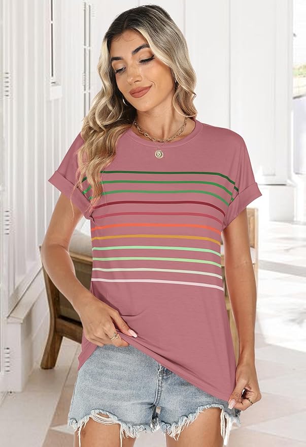 Womens Summer Tops Short Dolman Sleeve Crew Neck Striped Shirts Spring 2026 Fashion Beach Vacation Clothing