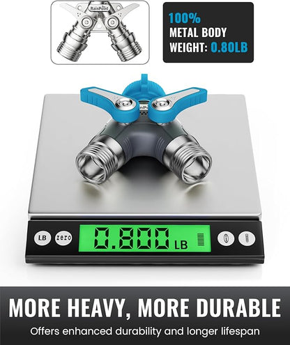 RAINPOINT Garden Hose Splitter, 2 Way Heavy Duty Water Hose Y Spigot Splitter with Shutoff Valves, 100% Metal Body Outdoor Faucet Splitter, 1.9" Extra Long Metal Handle, 3/4" GHT Thread (2, Blue)