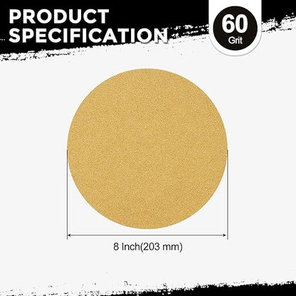 Kozelo 50 Pcs Sanding Discs 8 Inch 60 Grit Hook and Loop Random Orbital Sandpapers Suitable for Drywall Sander Wood Metal Furniture, Yellow
