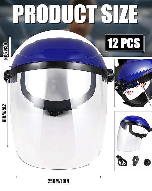 Tellegloww 12 Pack Safety Face Shield for Grinding and Cutting, Full Impact Resistant Face Shield Mask for Work Chemical Woodworking (Blue)