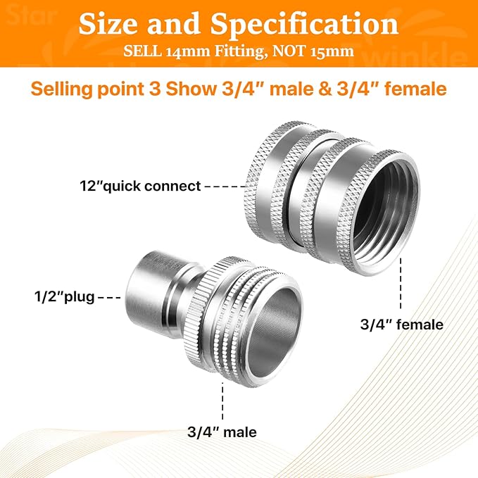 Twinkle Star Pressure Washer Adapter Set, Stainless Steel Quick Disconnect Kit, M22 14 mm Quick Connect Swivel to 3/8'' Quick Connect Fittings, 3/4" to Quick Release 9 Sets