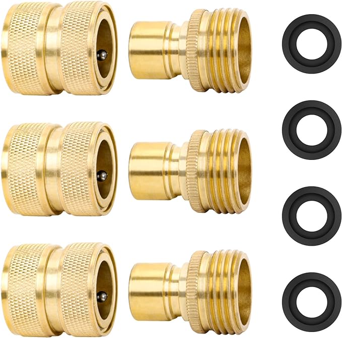 STYDDI Brass Full Flow Garden Hose Quick Release Connect Adaptor Fitting, Full Port Solid Brass Outdoor Water Hose Quick Disconnect Connector Coupler with Male and Female, with 4 Hose Washers - 3 Sets