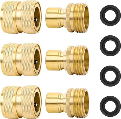 STYDDI Brass Full Flow Garden Hose Quick Release Connect Adaptor Fitting, Full Port Solid Brass Outdoor Water Hose Quick Disconnect Connector Coupler with Male and Female, with 4 Hose Washers - 3 Sets