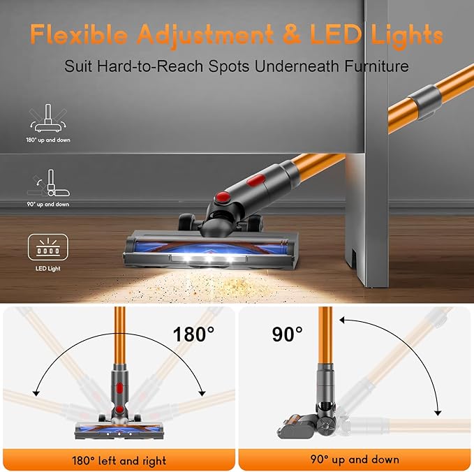 Cordless Vacuum Cleaner, 45Kpa Vacuum Cleaner for Home, 45Mins Stick Vacuums with Battery Display, Anti-Tangle &Wall Mount Charging, 8 in 1 Lightweight Vacuum for Hard floor Carpets Pet Hair, Y501