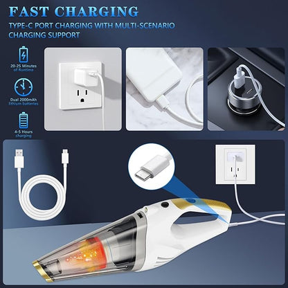 XGJUCE Handheld Vacuum Cordless,Car Vacuum Portable Cordless Rechargeable with led Light, 6kpa Strong Suction with Three Types of Suction Heads and Filters for car/Home/Office Cleaning