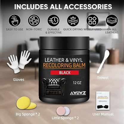 AWOWZ Leather Recoloring Balm - Scratch Repair & Color Restore Kit for Faded Leather, Leather Couch & Car Seats - 12OZ Leather Restorer Balm for Furniture, Auto Interior, Vinyl, Accessories (Black)