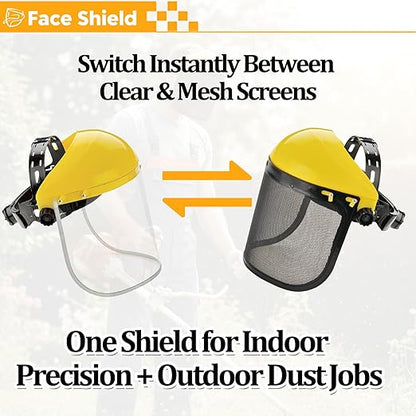 ascavs Face Shield for Grinding & Cutting, Clear Anti-Fog Visor Tested to ANSI Z87.1 with Replaceable Mesh Screen, Full Face Protection with Adjustable Ratchet Headband for Woodworking & Yard Work