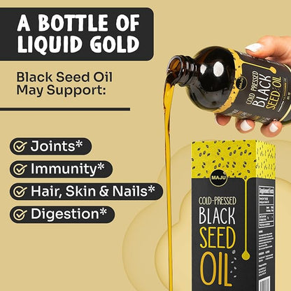 MAJU Black Seed Oil - 3 Times Thymoquinone, Cold-Pressed, 100% Turkish Black Cumin Seed Oil, Liquid Pure Blackseed, Glass Bottle, 8 oz