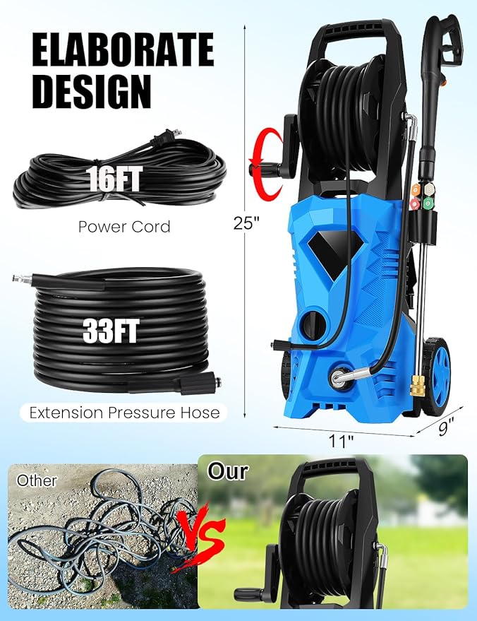 Power Cleaner 5000 PSI with 33FT Hose, 4 Nozzles for Car/Patio Cleaning(Blue)