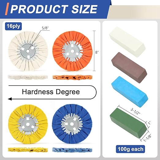 QZATTCAEN 16ply Aluminum Buffing Wheels Kit 8pcs, 8in Airway Forged Wheels Buffing Polishing for 5/8" Arbor Angle Grinder, with Polishing Compound 4pcs, for Metal Rim Rig Aluminum Brass Rust Removal