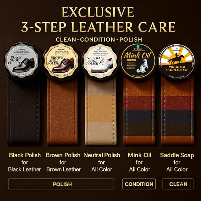 Shoe Care Kit – 16-in-1 Leather Shoe Polish, Cleaning & Conditioning Kit with Saddle Soap & Mink Oil – Black/Brown/Neutral Shoe Polish, 3 Horsehair Brushes – Luxury Leather Bag – Gift for Men & Women