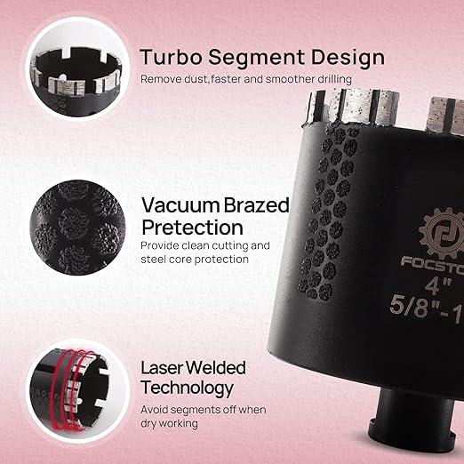 Diamond Core Drill Bit - FOCSTOL 4''(102mm) Laser Welded Hole Saw for Dry or Wet Drilling Granite Marble Concrete Quartz 5/8''-11 Thread