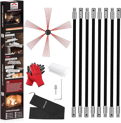 Cleancraft 26 Feet Chimney Sweep Kit, Chimney Cleaning Kit with 8 Flexible Black Chimney Rods, Chimney Brush for Sweeping Fireplace, Rotary Chimney Cleaning System Driven by Drill