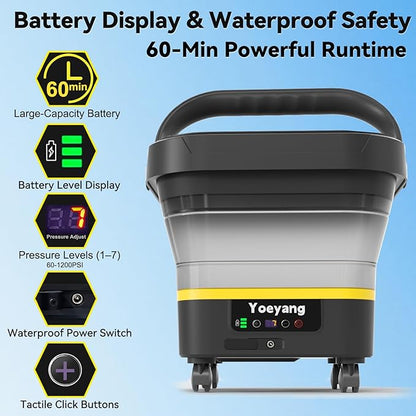 Portable Cordless Pressure Washer with Tank: 1200 PSI Foldable Power Washer – 3.4 Gal Tank, 7-Level Adjustable Sprayer & 360° Nozzle – Compact Electric Cleaner for Car, Garden, Patio, Camping