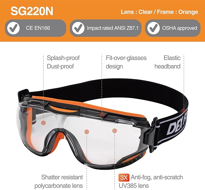 DEX FIT Protective Safety Goggles SG220N; 3x Anti Fog & Scratch, Z87 Eye Protection for Lab, Science, and Chemistry Work, Adjustable for Women and Men, (Black & Orange Frame, Clear Lens, 30cm Strap)