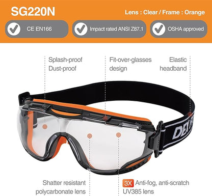 DEX FIT Protective Safety Goggles SG220N; 3x Anti Fog & Scratch, Z87 Eye Protection for Lab, Science, and Chemistry Work, Adjustable for Women and Men, (Black & Orange Frame, Clear Lens, 30cm Strap)