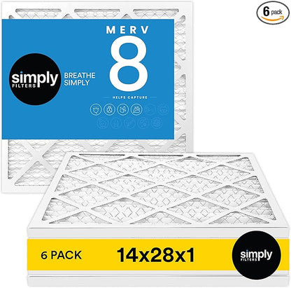 Simply 14x28x1 Air Filter, Merv 8, MPR 600, 6 Pack, For Home AC Furnace & HVAC (Actual Size: 13.75"x27.75"x0.75") DUST, Pet, & Allergy Control