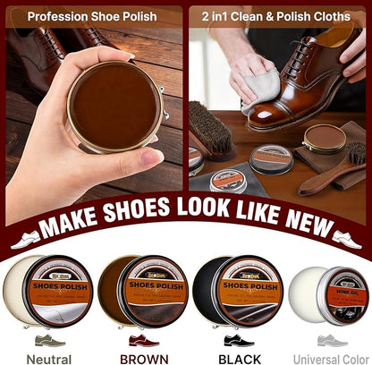 15-in-1 Shoe Shine Kit & Leather Polish Set with 4 Horsehair Brushes, Black Brown Neutral Wax, Mink Oil, 3 Cloths Shine Sponges Boot Care Cleaning Mens Valentines Day Gifts with Portable Leather Case
