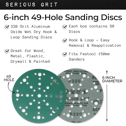 Serious Grit - 6-Inch 49-Hole 320 Grit Sanding Discs - Heavy-Duty Hook & Loop Film Discs - Sandpaper for Random Orbital Sanders - 50 Pack Box