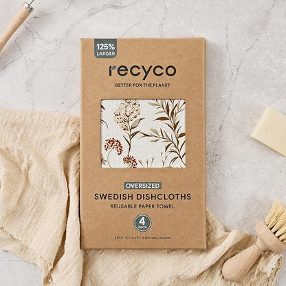 RECYCO Swedish Dishcloths for Kitchen | 4 Pack Oversized Washable Dish Rags | Large Cellulose Reusable Cleaning Paper Towels | Absorbent Counter Dish Cloth Sponge XL Kitchen Wipes, 12" L x 10" W