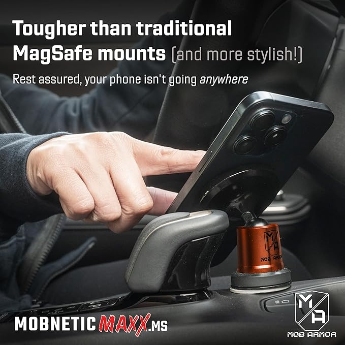Mob Armor MobNetic Maxx MS - MagSafe Compatible Car Phone Mount w/ 90º Tilt, 360º Rotation & Durable Aluminum Build, Magnetic Holder for iPhone & Android Devices, USA Assembled - Orange Chrome