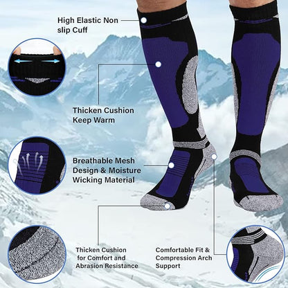 Merino Wool Ski Socks 2 Pairs for Mens Womens Knee High Thermal Snowboarding Socks for Cold Weather