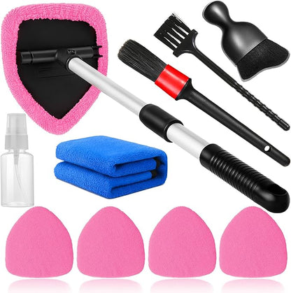 Qydipclin 10pcs Windshield Cleaning Tool Inside Car Window Cleaner Wash Kit with 4 Reusable Microfiber Pads 1 Spray Bottle and Extendable Handle Interior Auto Glass Wiper Kit, Pink