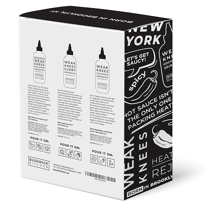 Bushwick Kitchen Sriracha Sampler Gift Box, Set Includes Gochujang Sriracha, Super Spicy Gochujang Sriracha, Curry Sriracha Hot Sauce, 5 Recipes, Chile Pepper Dish Towel, and Bushwick Kitchen Gift Box