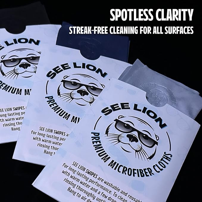 cellhelmet See Lion Swipes | Microfiber Lens Cleaning Cloths – Ultrasoft, Reusable Wipes for Glasses, Screens, and Lenses (Black/Navy, 2-Pack)