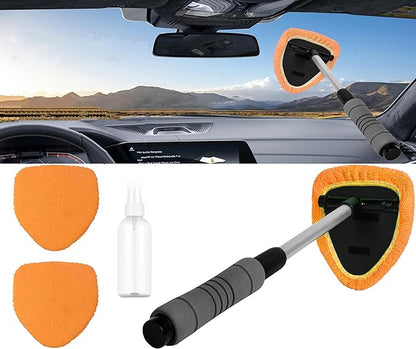 Windshield Cleaning Tool with Reusable Microfiber Pads Glass Wiper Kit, Extendable Handle Car Window Cleaner (1, Orange)