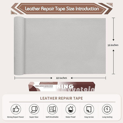 KING MOUNTAIN Leather Repair Patch,16 x 60 Inches self Adhesive Leather Repair Tape for Damaged Leather Furniture, Sofa Seating,Car Seats, Leather Goods(Light Grey)