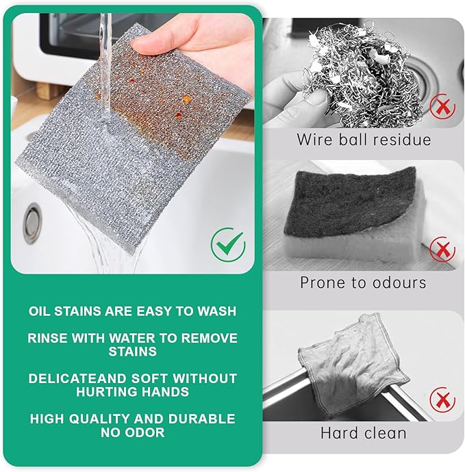 BTIFU 6 Pcs New Upgrade Steel Wire Dishcloth,Multipurpose Reusable Non Scratch Wire Dishcloth,Metal Dish Cloth Wet and Dry,for Kitchen Cleaning,Sinks, Dishes,Stove Top