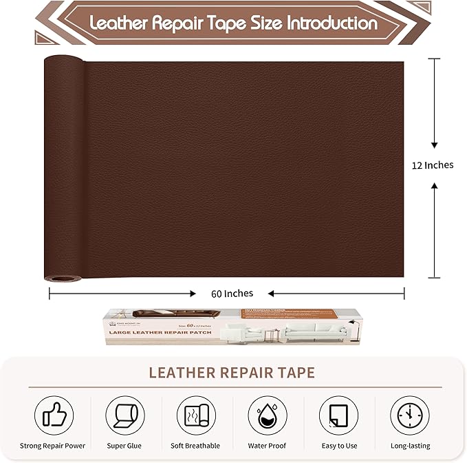 KING MOUNTAIN Leather Repair Patch,12 x 60 Inches self Adhesive Leather Repair Tape for Damaged Leather Furniture, Sofa Seating,Car Seats, Leather Goods（Medium Brown）