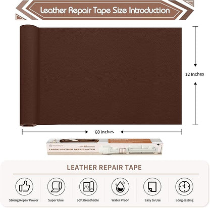 KING MOUNTAIN Leather Repair Patch,12 x 60 Inches self Adhesive Leather Repair Tape for Damaged Leather Furniture, Sofa Seating,Car Seats, Leather Goods（Medium Brown）