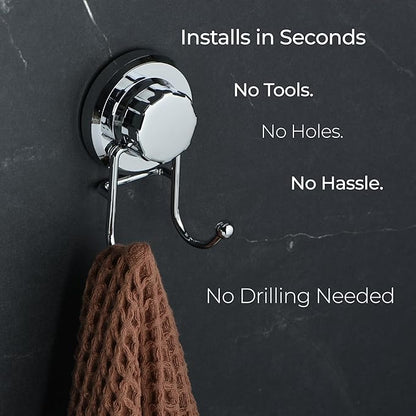 HASKO Suction Cup Hook for Shower, Stainless Steel Bathroom Suction Towel Hooks Hanger, Organizer for Towel, Bathrobe and Loofah, Includes Optional No Drill Adhesive Mount for Inside Shower, Chrome